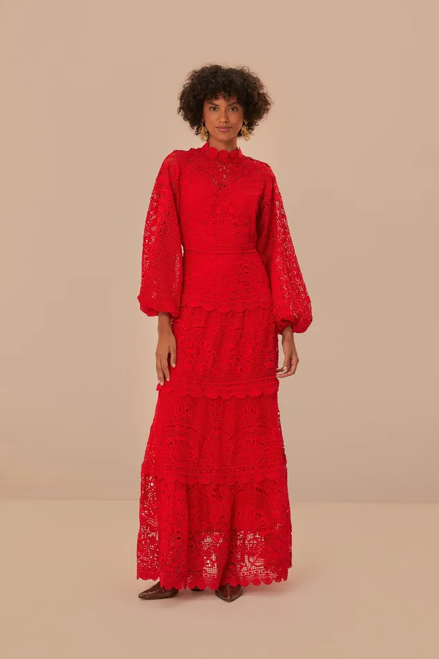 Red Guipire Long Sleeve Maxi Dress Women Farm Rio Maxi Dresses