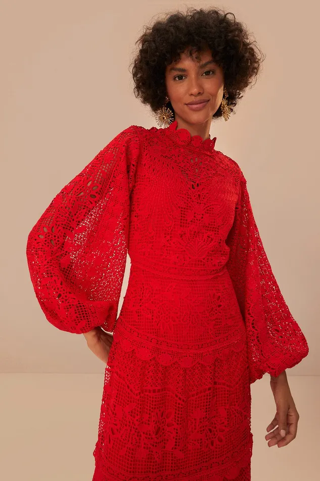 Red Guipire Long Sleeve Maxi Dress Women Farm Rio Maxi Dresses