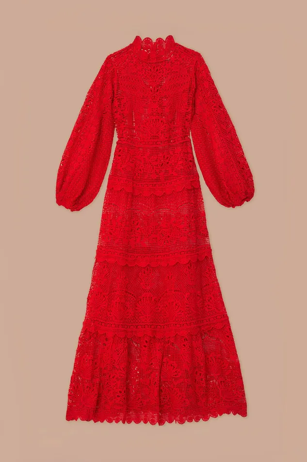 Red Guipire Long Sleeve Maxi Dress Women Farm Rio Maxi Dresses