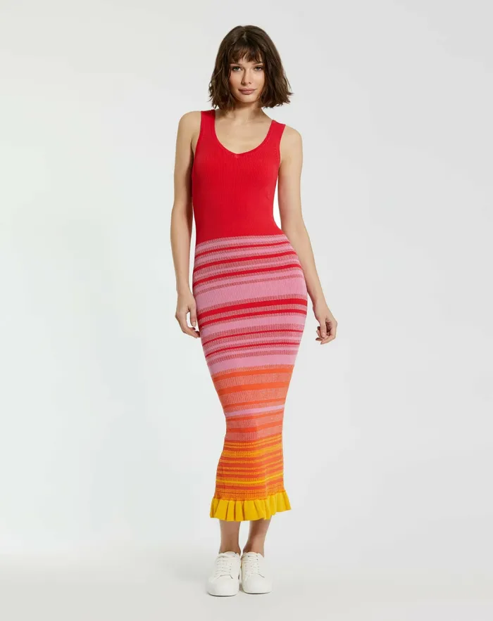 Red Striped Fitted Sleeveless Ribbed Knit Midi Tank Dress 8211 FINAL SALE Red Women Knitwear Mac Duggal