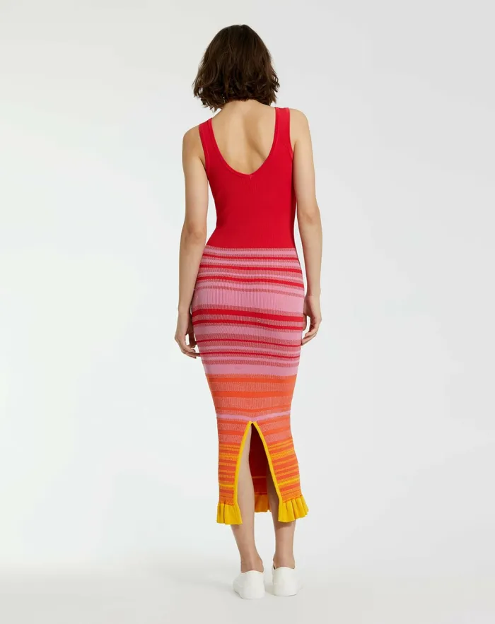 Red Striped Fitted Sleeveless Ribbed Knit Midi Tank Dress 8211 FINAL SALE Red Women Knitwear Mac Duggal