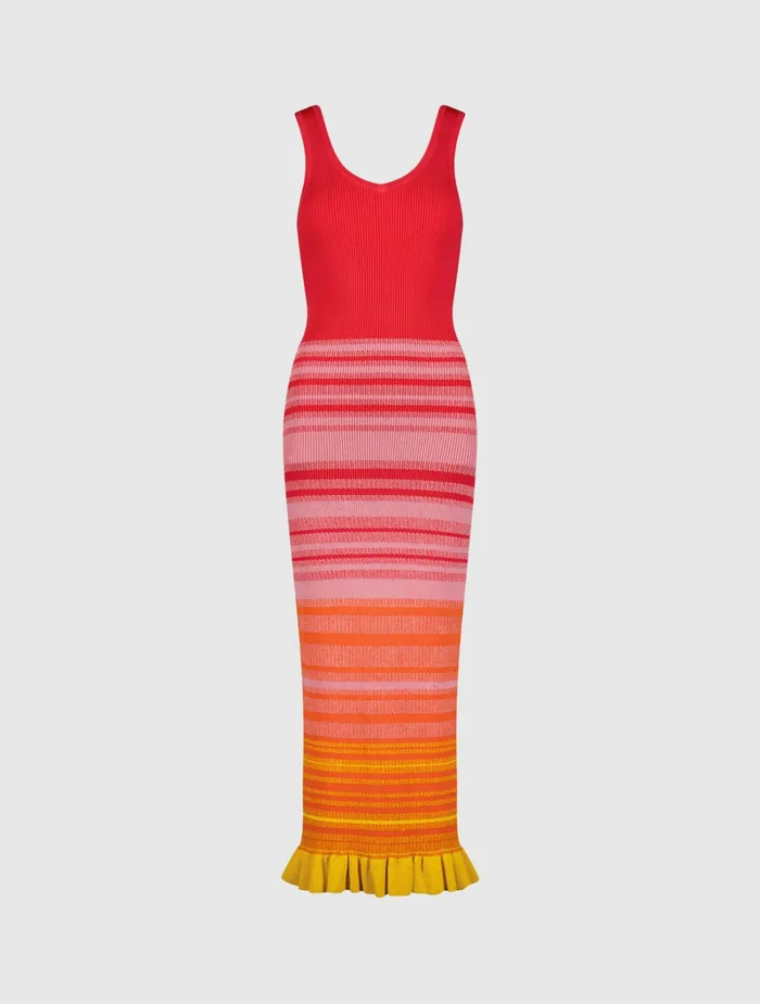 Red Striped Fitted Sleeveless Ribbed Knit Midi Tank Dress 8211 FINAL SALE Red Women Knitwear Mac Duggal
