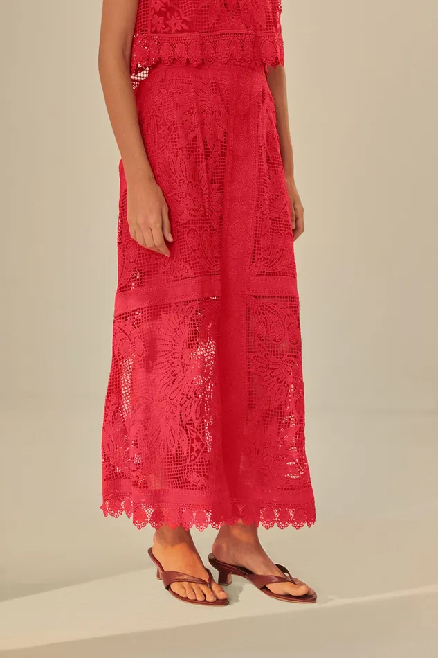 Red Toucan Guipure Midi Skirt Women Farm Rio Skirts