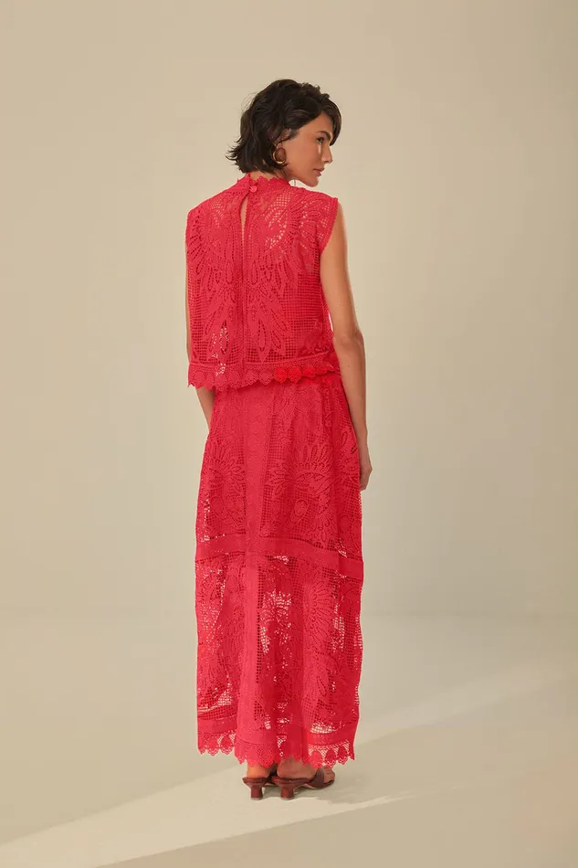 Red Toucan Guipure Midi Skirt Women Farm Rio Skirts