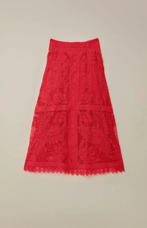 Red Toucan Guipure Midi Skirt Women Farm Rio Skirts