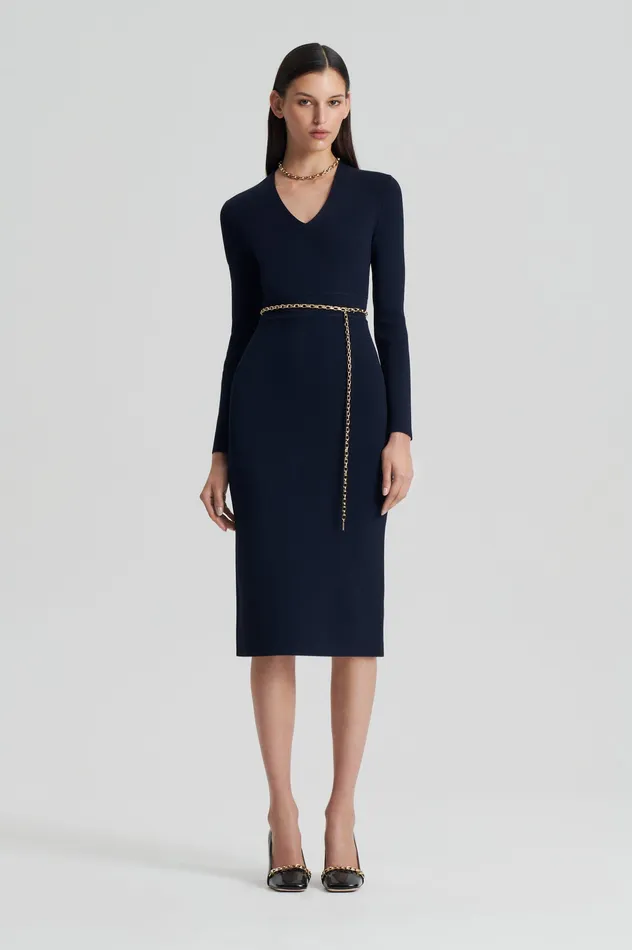 Scanlan Theodore CREPE KNIT LONG SLEEVE V NECK DRESS NAVY Women Dresses