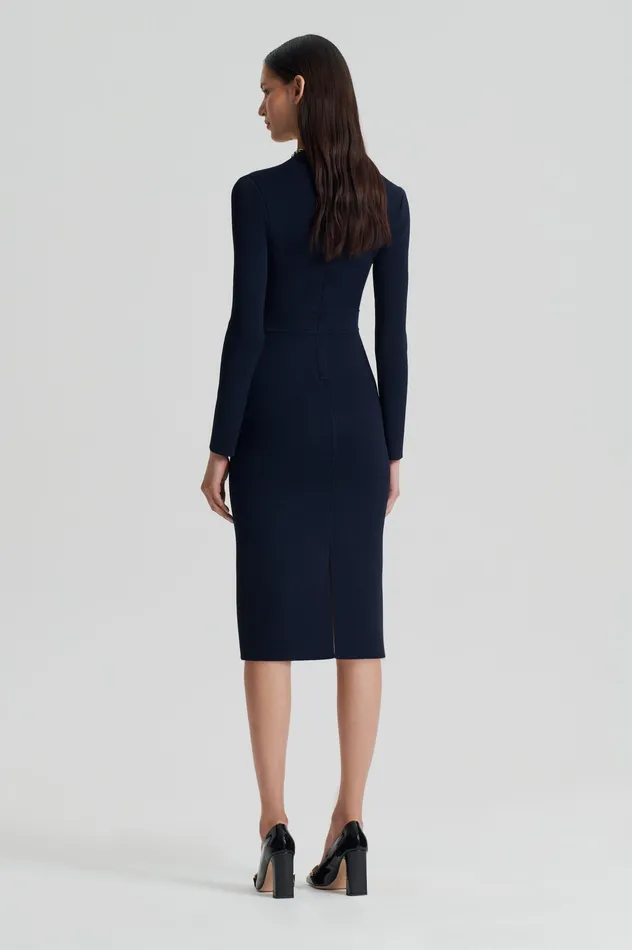 Scanlan Theodore CREPE KNIT LONG SLEEVE V NECK DRESS NAVY Women Dresses