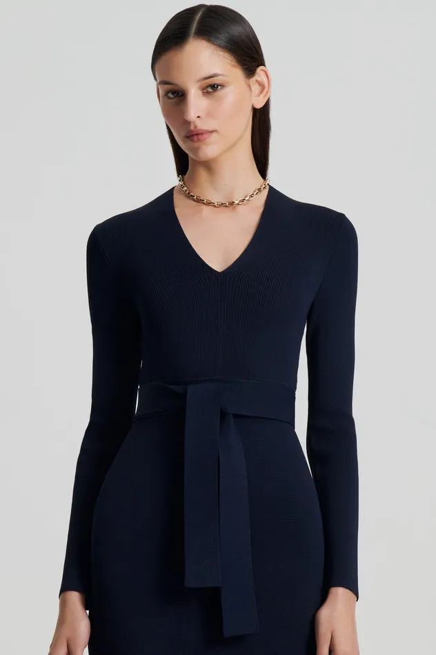 Scanlan Theodore CREPE KNIT LONG SLEEVE V NECK DRESS NAVY Women Dresses
