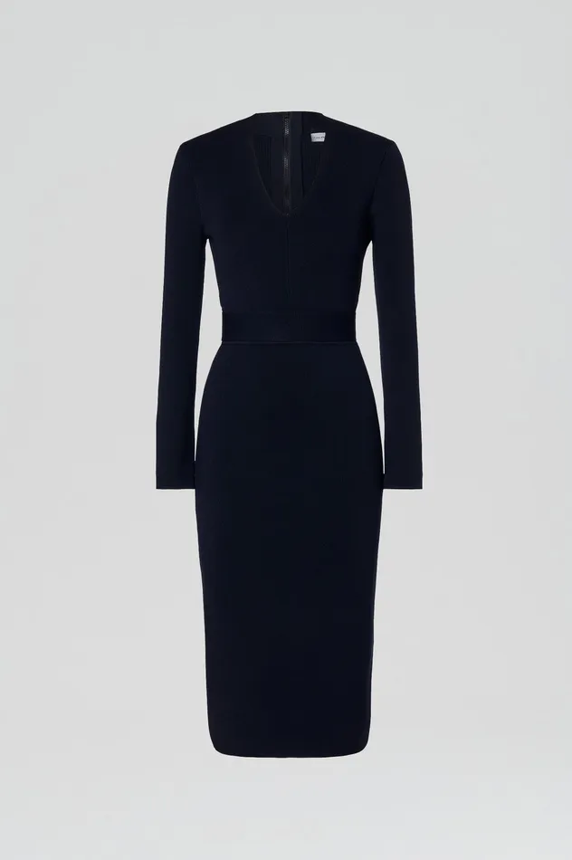 Scanlan Theodore CREPE KNIT LONG SLEEVE V NECK DRESS NAVY Women Dresses