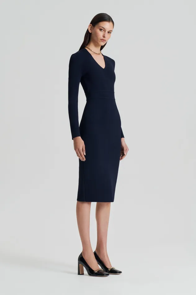Scanlan Theodore CREPE KNIT LONG SLEEVE V NECK DRESS NAVY Women Dresses