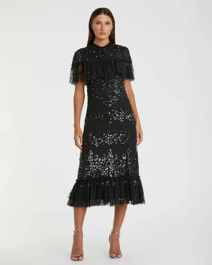 Sequined High Neck Ruffled Flutter Sleeve Midi Dress Black Cocktail Dresses Mac Duggal Women