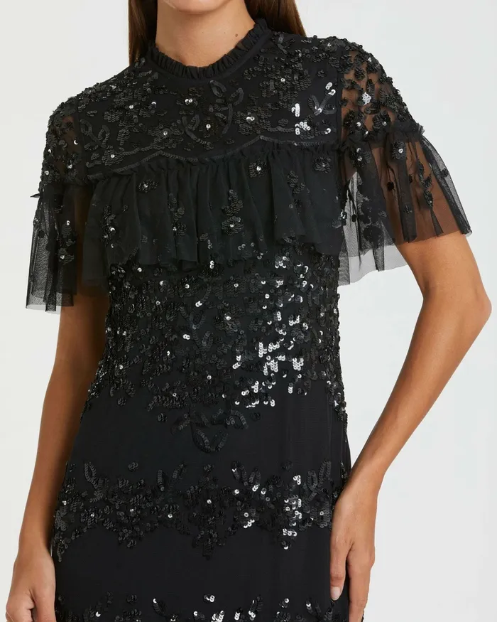 Sequined High Neck Ruffled Flutter Sleeve Midi Dress Black Cocktail Dresses Mac Duggal Women