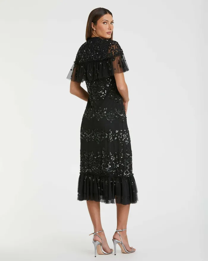 Sequined High Neck Ruffled Flutter Sleeve Midi Dress Black Cocktail Dresses Mac Duggal Women