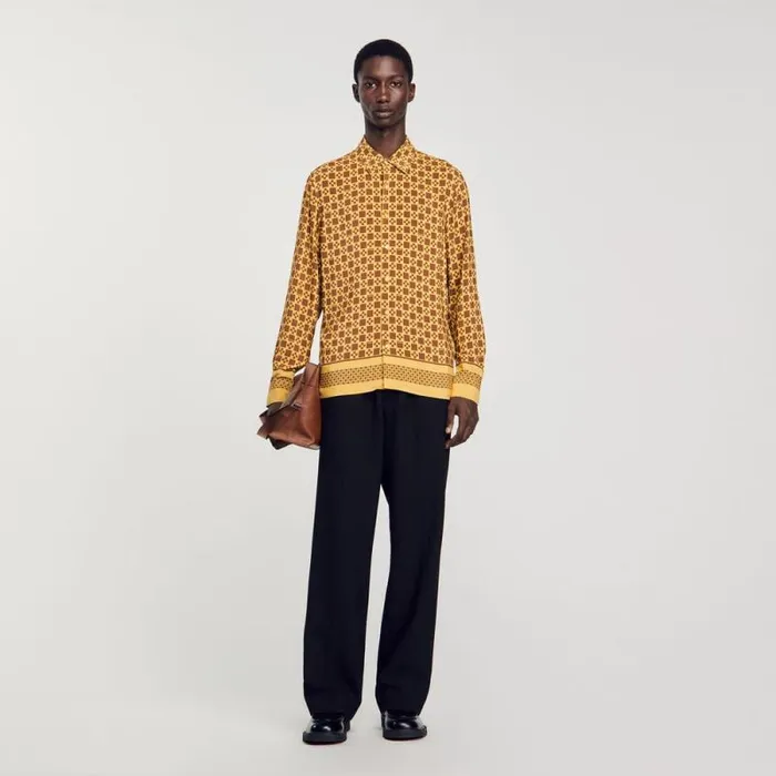 Shirts Men SANDRO Square Cross Motif Flowing Shirt Camel