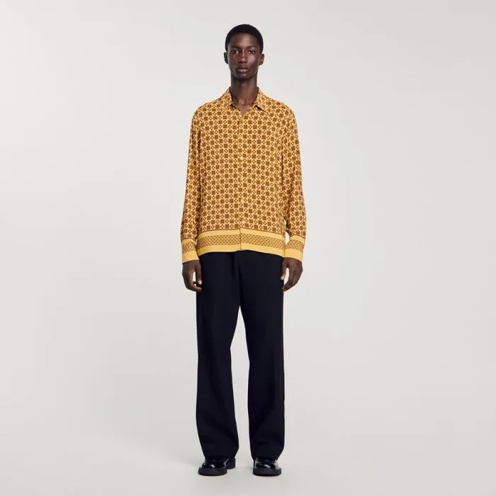 Shirts Men SANDRO Square Cross Motif Flowing Shirt Camel