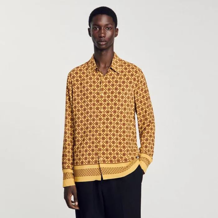 Shirts Men SANDRO Square Cross Motif Flowing Shirt Camel
