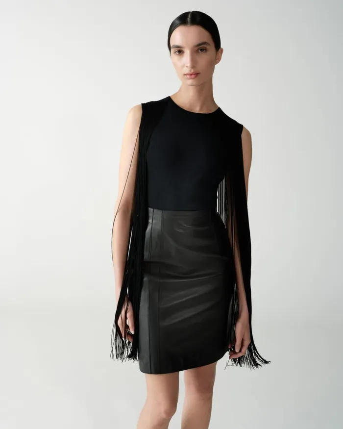 Short Leather Pencil Skirt Black Women Akris Skirts