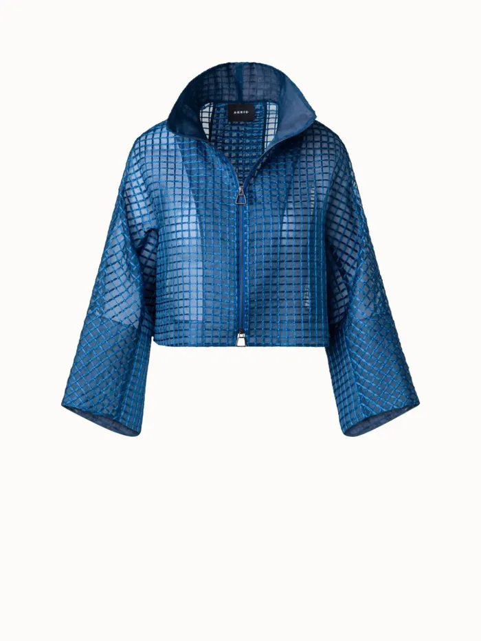 Short Sheer Silk Jacket With Window Plaid Embroidery Medium Denim Women Akris Jackets
