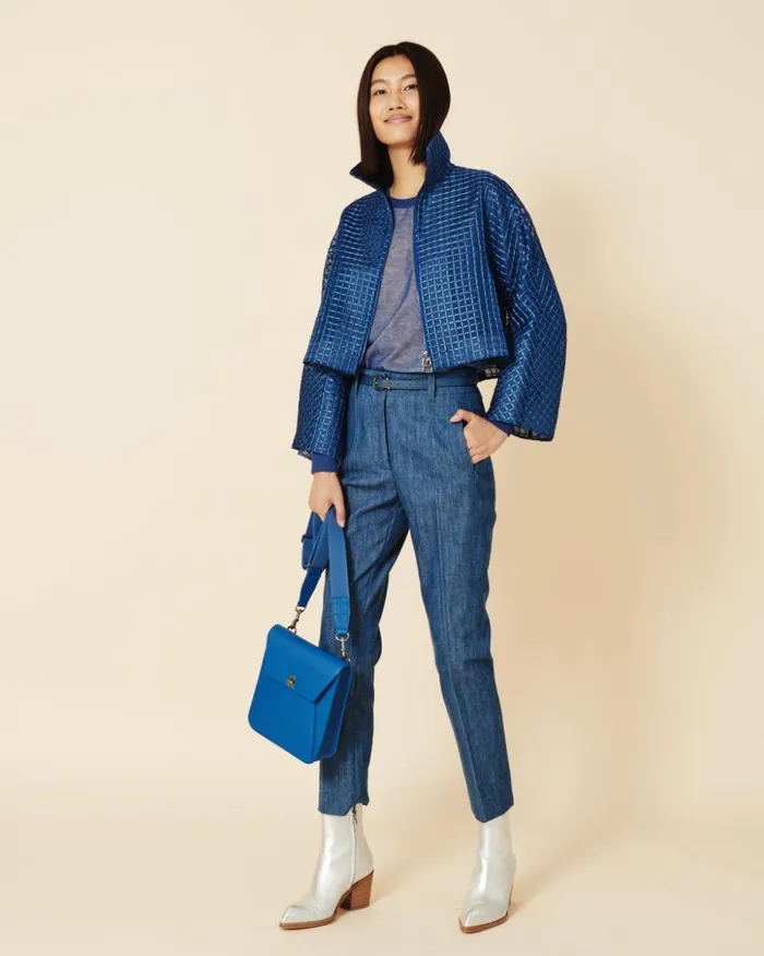 Short Sheer Silk Jacket With Window Plaid Embroidery Medium Denim Women Akris Jackets