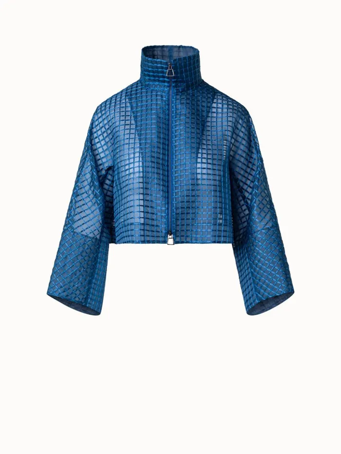 Short Sheer Silk Jacket With Window Plaid Embroidery Medium Denim Women Akris Jackets