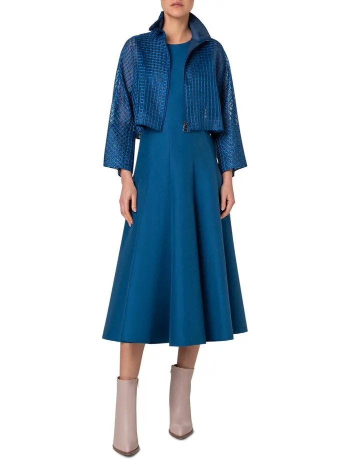 Short Sheer Silk Jacket With Window Plaid Embroidery Medium Denim Women Akris Jackets