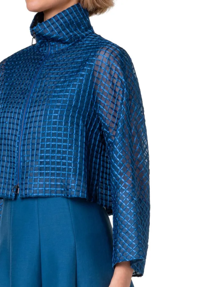 Short Sheer Silk Jacket With Window Plaid Embroidery Medium Denim Women Akris Jackets