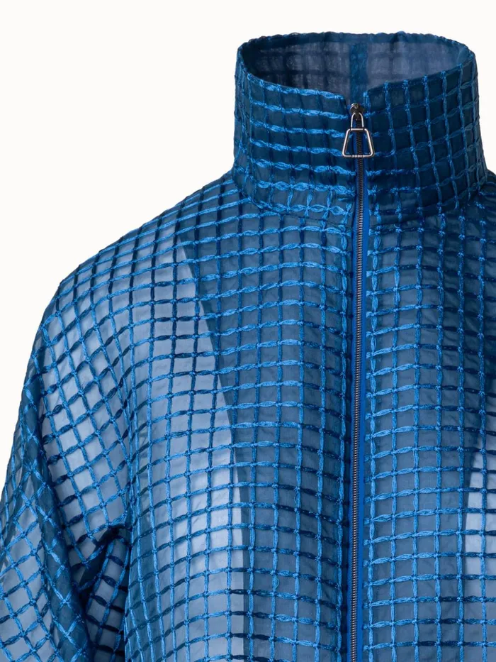 Short Sheer Silk Jacket With Window Plaid Embroidery Medium Denim Women Akris Jackets