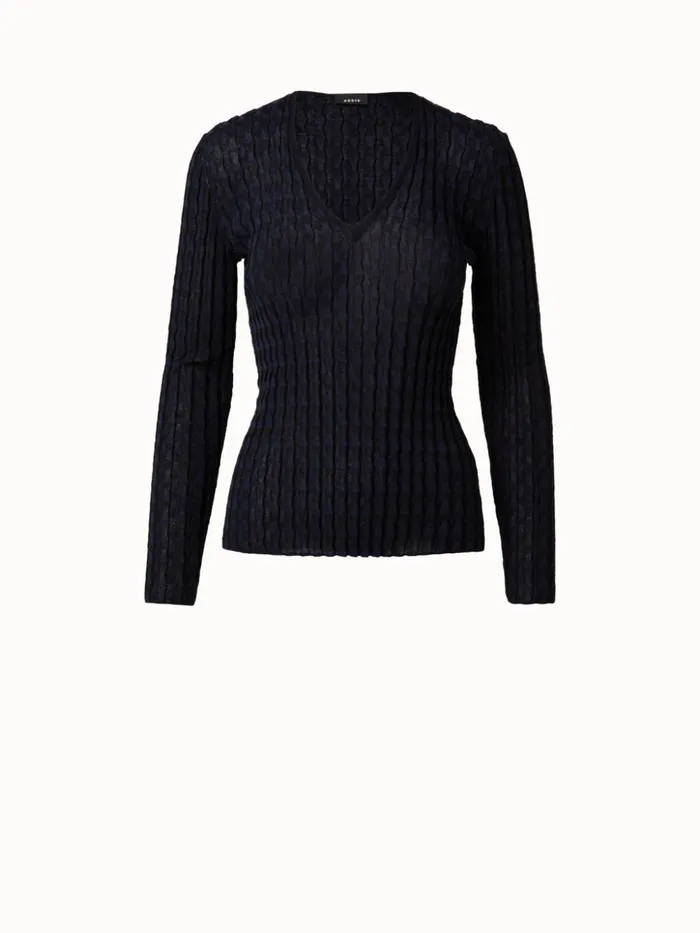 Silk Cotton Stretch Trapezoid Rib Knit Pullover Blacknavy Women Akris Knitwear