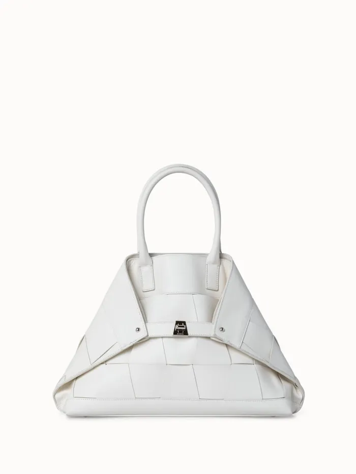 Small Ai Messenger Bag In Braided Leather Trapezoids White Women Akris Top Handle Bags