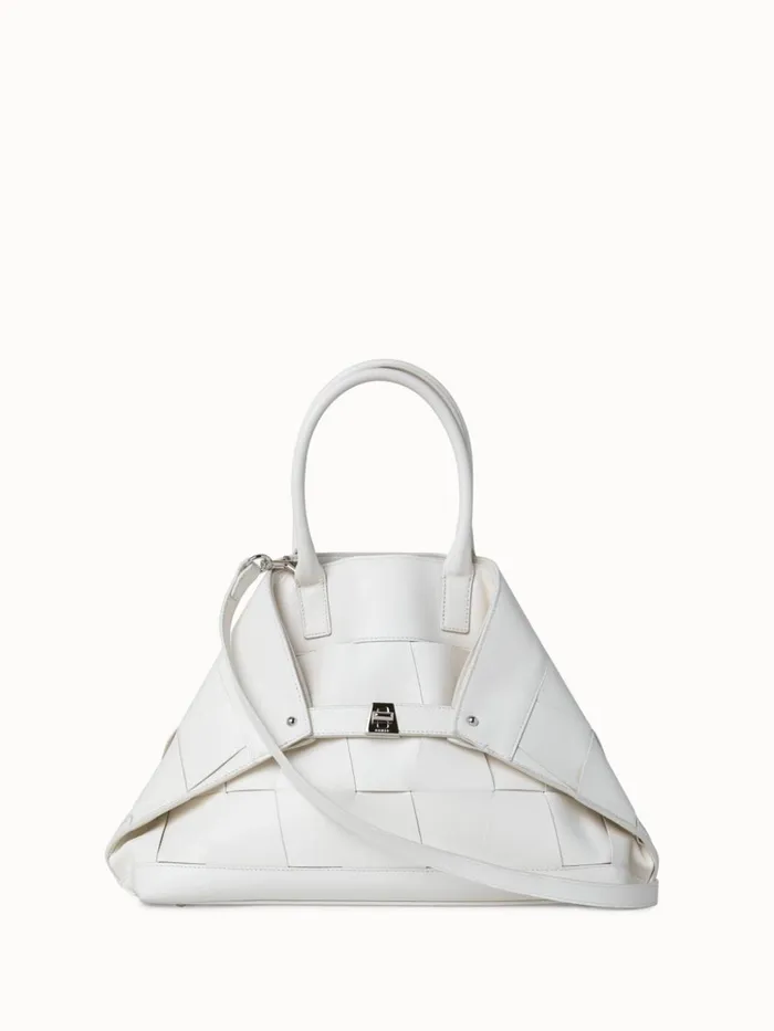 Small Ai Messenger Bag In Braided Leather Trapezoids White Women Akris Top Handle Bags