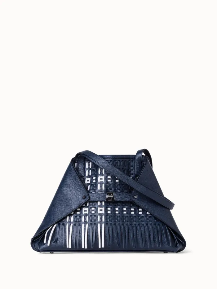 Small Ai Shoulder Bag In Woven Leather With Fringes Denimwhite Women Akris Shoulder Bags Small Ai Shoulder Bag In Woven Leather With Fringes Denimwhite Women Akris Shoulder Bags