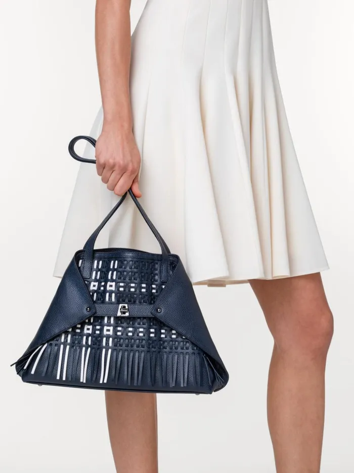 Small Ai Shoulder Bag In Woven Leather With Fringes Denimwhite Women Akris Shoulder Bags
