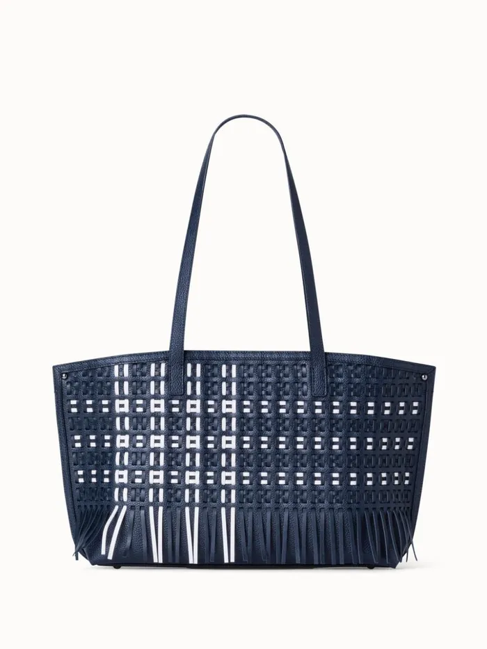 Small Ai Shoulder Bag In Woven Leather With Fringes Denimwhite Women Akris Shoulder Bags
