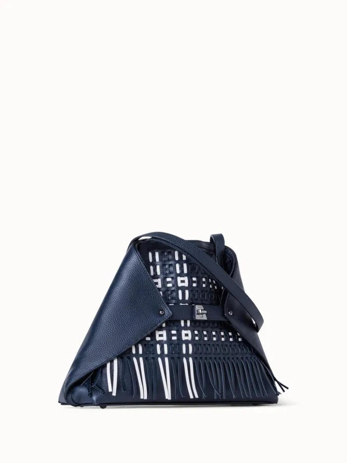 Small Ai Shoulder Bag In Woven Leather With Fringes Denimwhite Women Akris Shoulder Bags