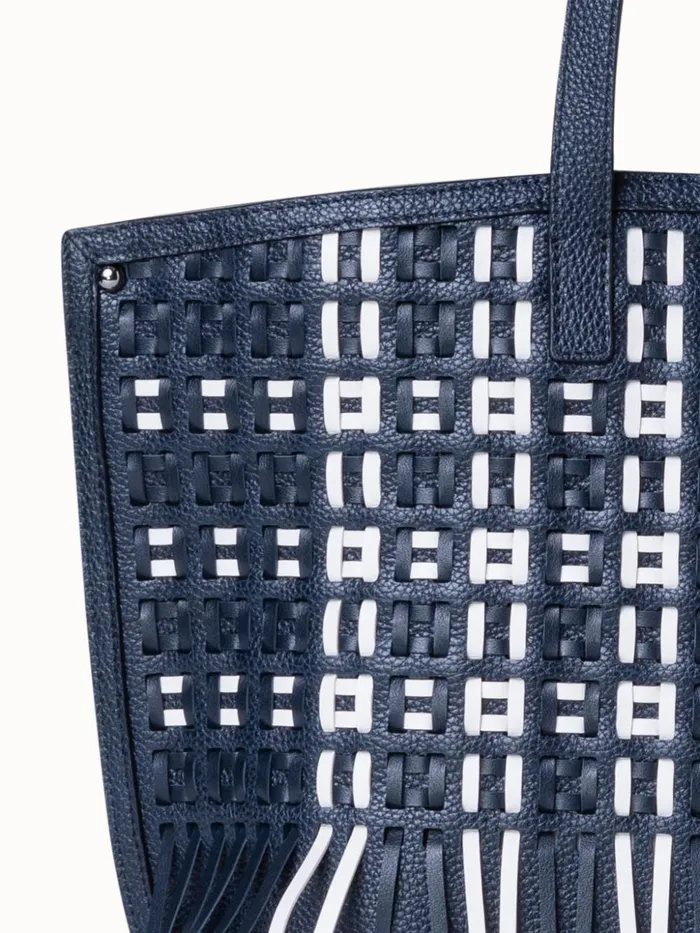 Small Ai Shoulder Bag In Woven Leather With Fringes Denimwhite Women Akris Shoulder Bags