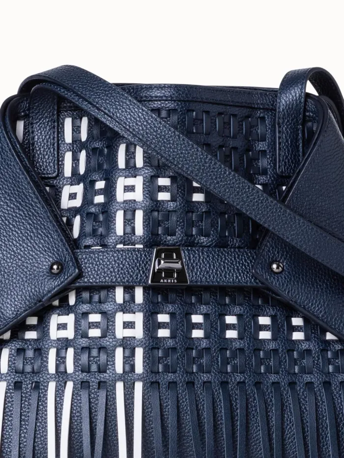 Small Ai Shoulder Bag In Woven Leather With Fringes Denimwhite Women Akris Shoulder Bags
