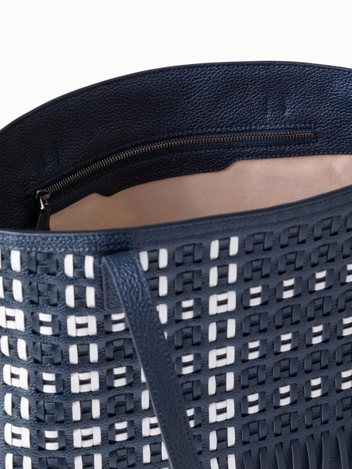 Small Ai Shoulder Bag In Woven Leather With Fringes Denimwhite Women Akris Shoulder Bags