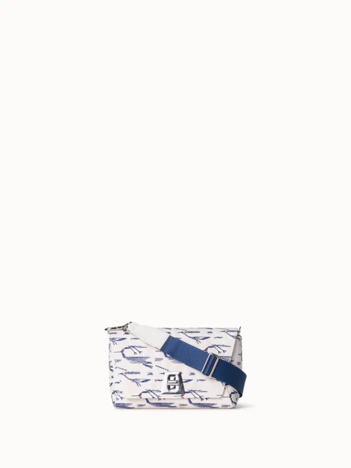 Small Anouk Day Bag In Canvas With Kasuri Birds Print Creamdenim Women Akris Crossbody Bags