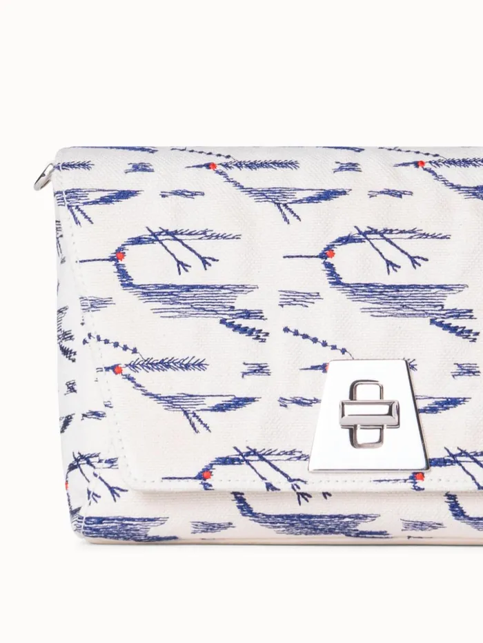 Small Anouk Day Bag In Canvas With Kasuri Birds Print Creamdenim Women Akris Crossbody Bags
