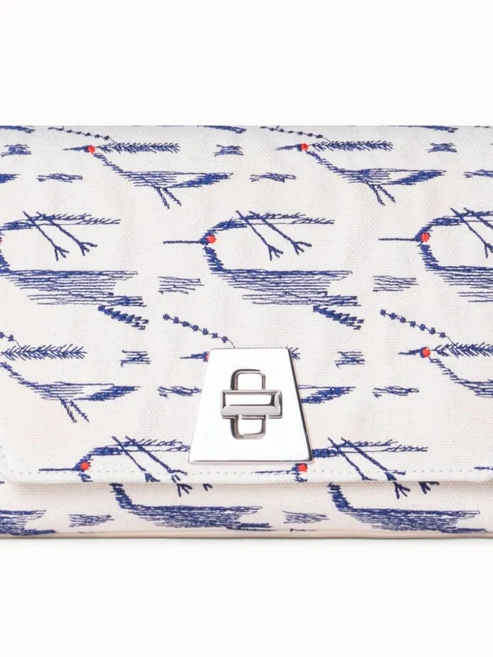 Small Anouk Day Bag In Canvas With Kasuri Birds Print Creamdenim Women Akris Crossbody Bags