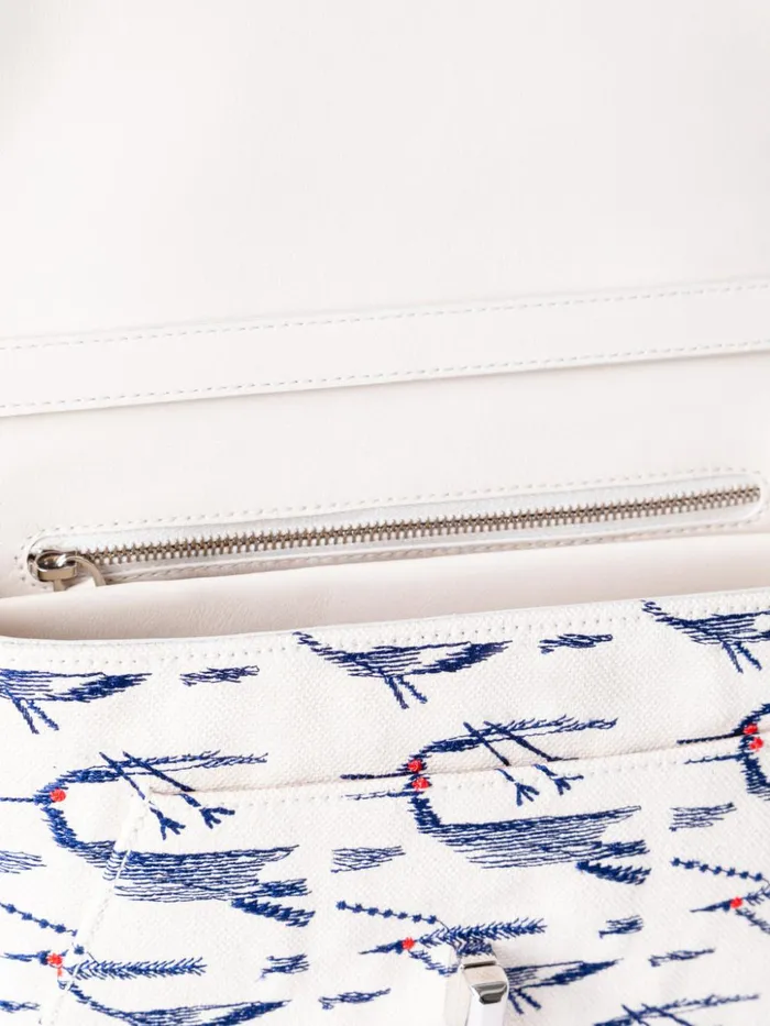 Small Anouk Day Bag In Canvas With Kasuri Birds Print Creamdenim Women Akris Crossbody Bags