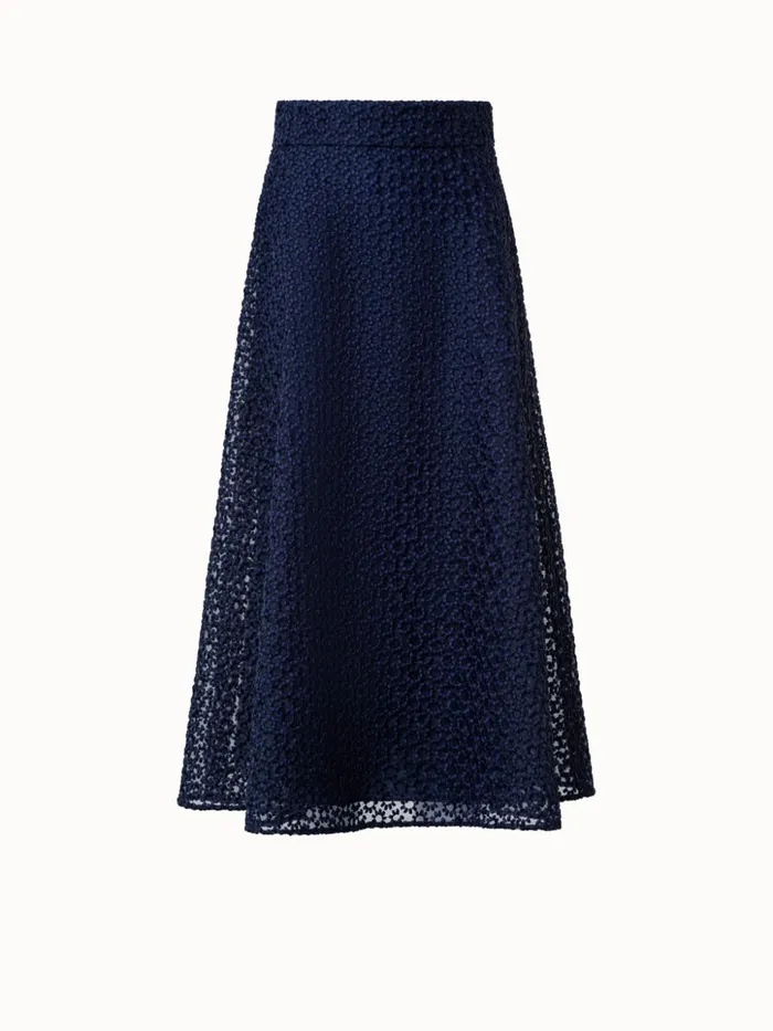 St Gallen Flower Embroidery Organza ALine Skirt Navy Women Akris Skirts