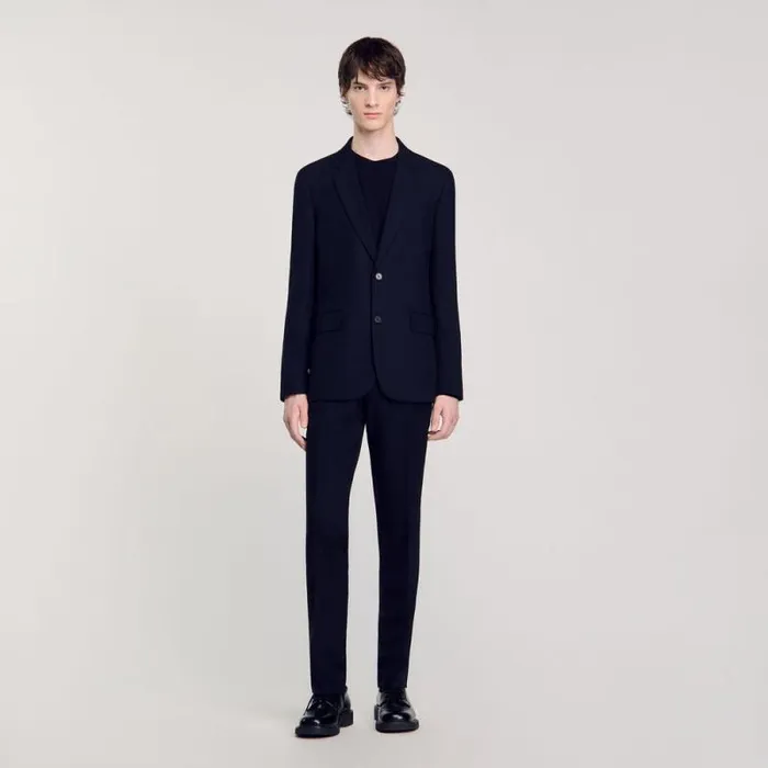 Suits and Blazers Men SANDRO Wool Suit Jacket Navy Blue