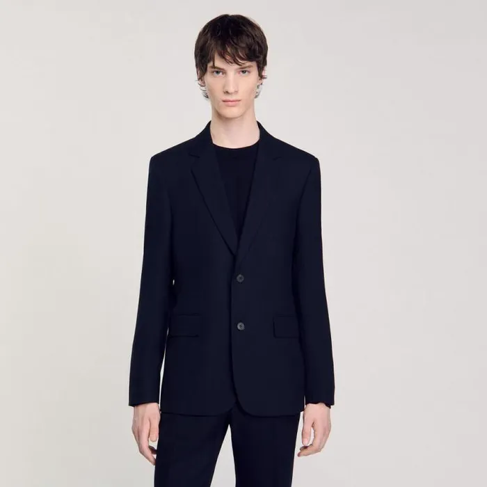 Suits and Blazers Men SANDRO Wool Suit Jacket Navy Blue