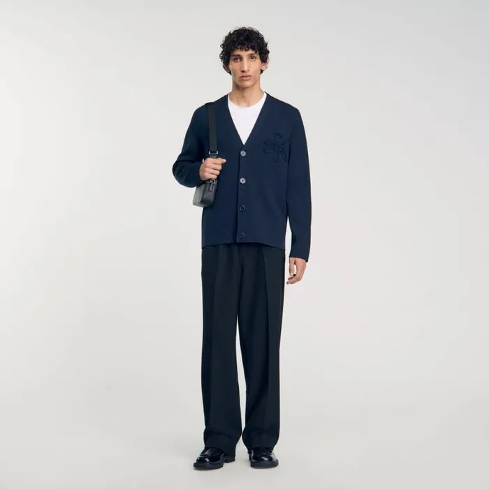 Sweaters and Cardigans Men SANDRO Cardigan With Flower Detail Blue Prusse