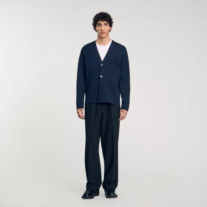 Sweaters and Cardigans Men SANDRO Cardigan With Flower Detail Blue Prusse