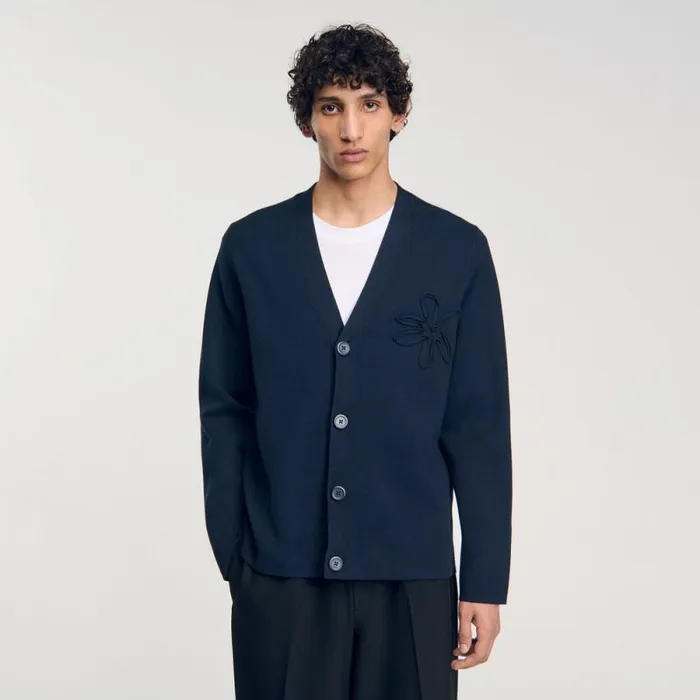 Sweaters and Cardigans Men SANDRO Cardigan With Flower Detail Blue Prusse
