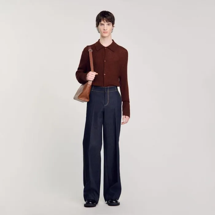 Sweaters and Cardigans Men SANDRO Knit Shirt Cognac