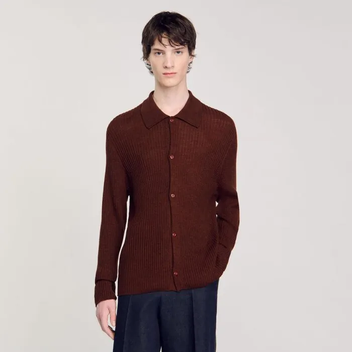 Sweaters and Cardigans Men SANDRO Knit Shirt Cognac