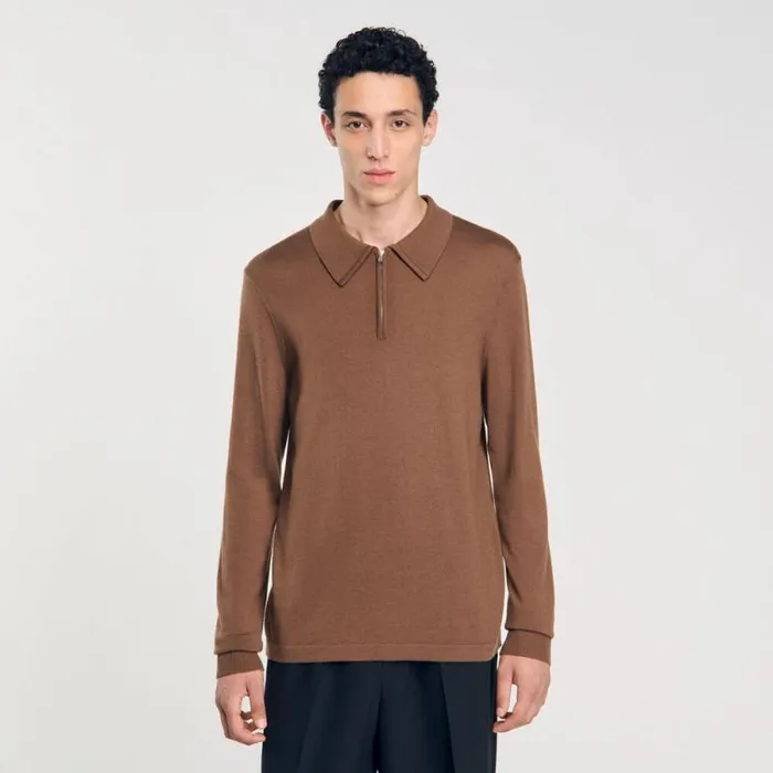 Sweaters and Cardigans Men SANDRO Knitted Polo Sweater Caramel